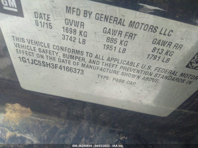 Chevrolet SONIC LT 2015 1G1JC5SH3F4166373 Image 9