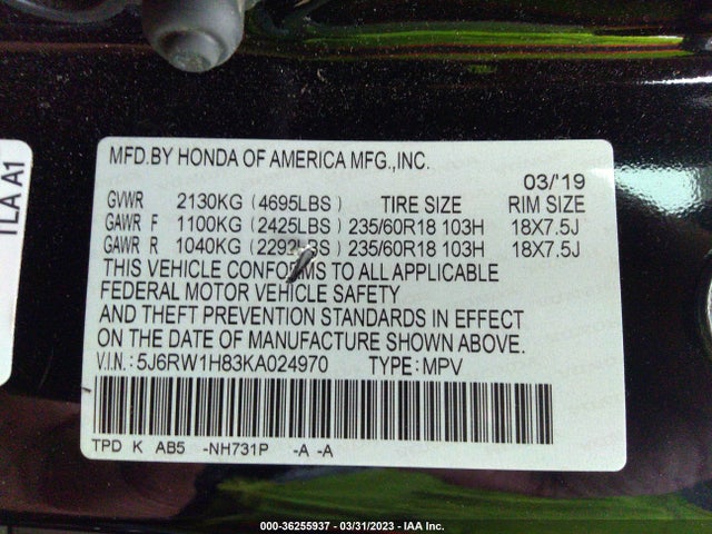 Honda Cr-v Ex-l 2019 5J6RW1H83KA024970 Image 9