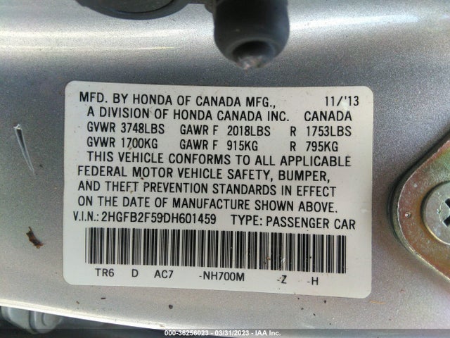 2013 HONDA CIVIC SDN LX VIN: 2HGFB2F59DH601459
