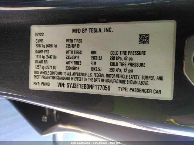 5YJ3E1EB0NF177056 Tesla Model 3 Long Range