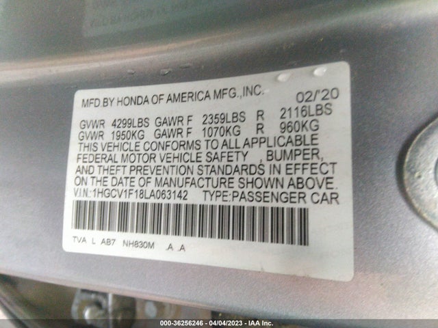 2020 HONDA ACCORD SEDAN LX VIN: 1HGCV1F18LA063142