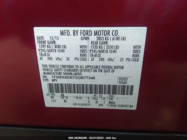 1FM5K8D87GGB77348 Ford EXPLORER XLT