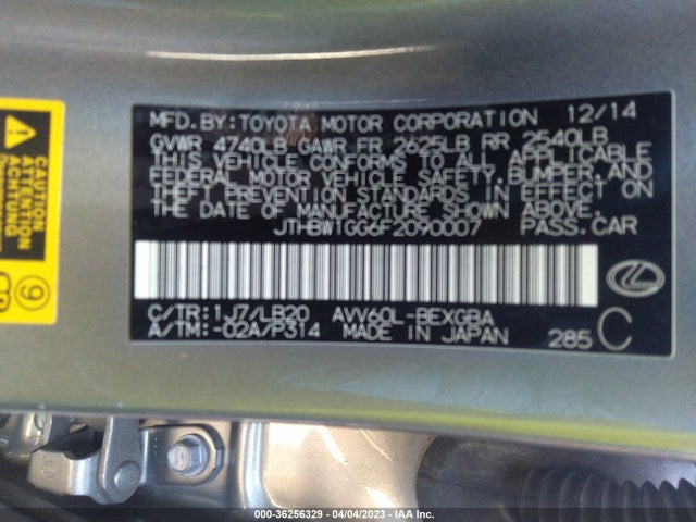 JTHBW1GG6F2090007 Lexus Es 300h Hybrid