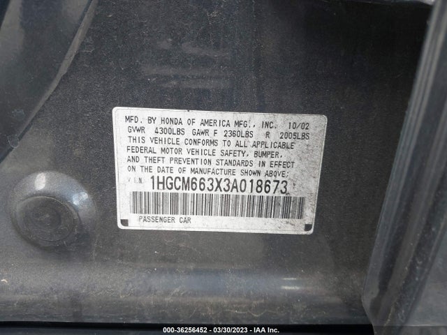 2003 HONDA ACCORD SDN LX VIN: 1HGCM663X3A018673
