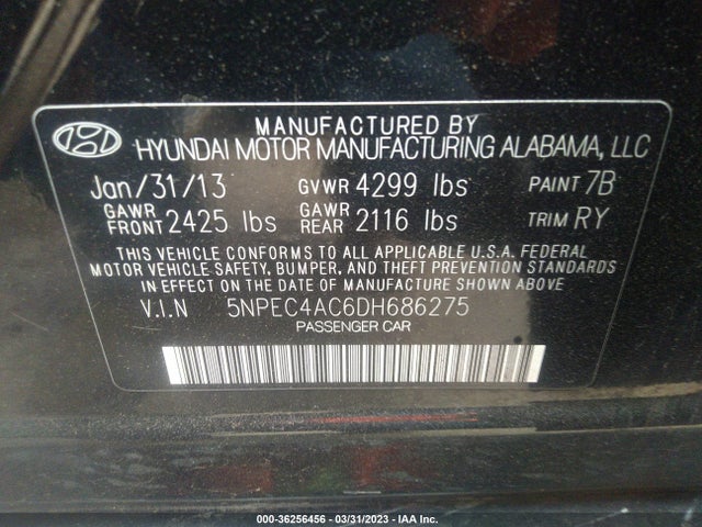 2013 HYUNDAI SONATA LIMITED VIN: 5NPEC4AC6DH686275