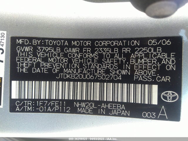 2006 TOYOTA PRIUS VIN: JTDKB20U067502704