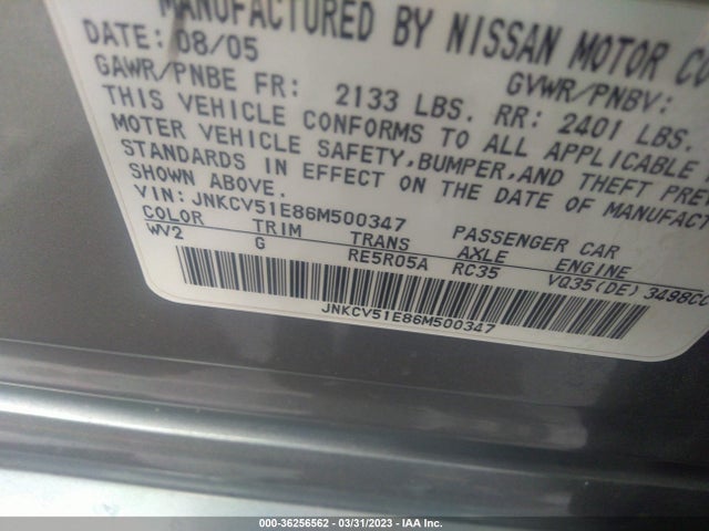 2006 INFINITI G35 SEDAN VIN: JNKCV51E86M500347