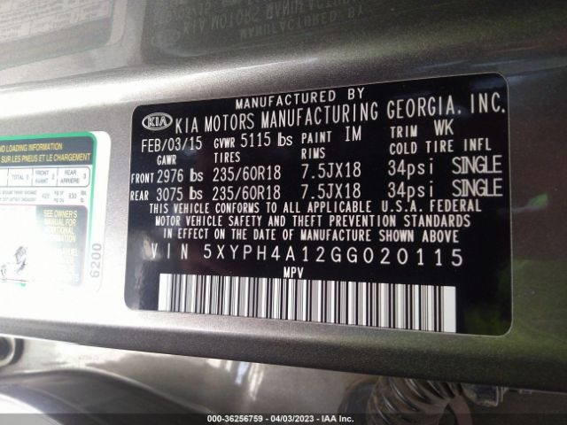 5XYPH4A12GG020115 KIA SORENTO EX
