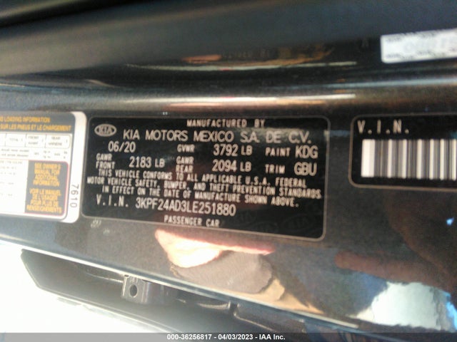 2020 KIA FORTE LXS VIN: 3KPF24AD3LE251880