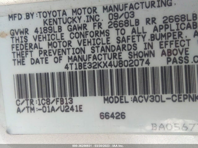 2004 TOYOTA CAMRY LE/SE/XLE/STD VIN: 4T1BE32KX4U802074