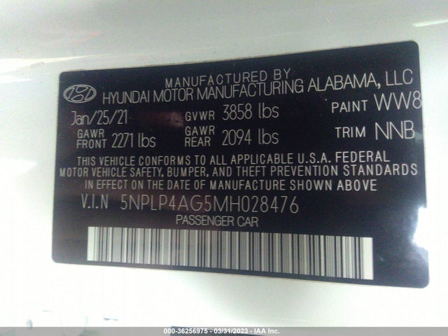 2021 HYUNDAI ELANTRA LIMITED VIN: 5NPLP4AG5MH028476