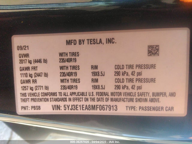 Tesla Model 3 Standard Range Plus 2021 5YJ3E1EA8MF067913 Image 9