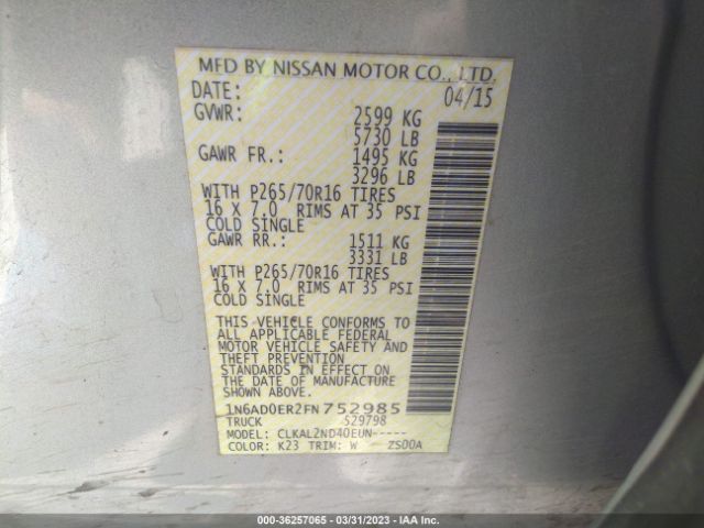 1N6AD0ER2FN752985 Nissan Frontier Sv
