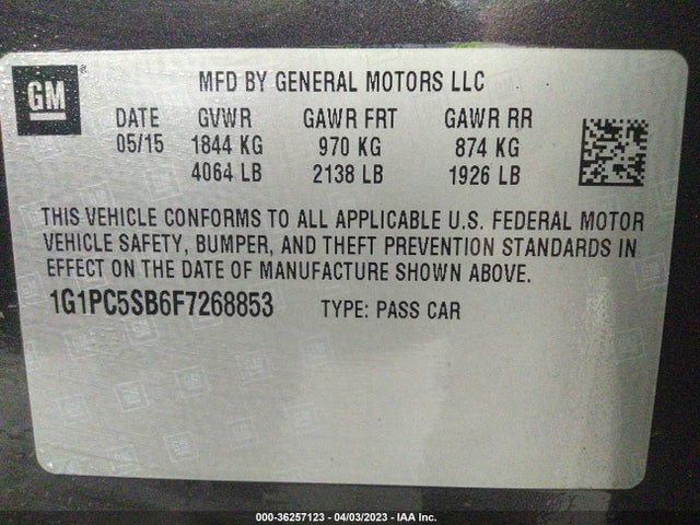 2015 CHEVROLET CRUZE LT VIN: 1G1PC5SB6F7268853