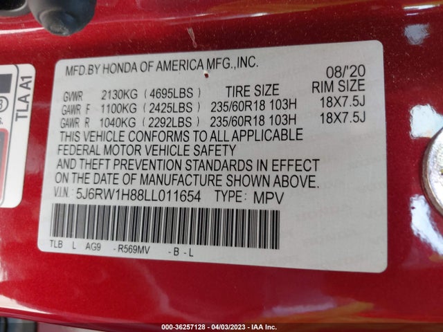Honda Cr-v Ex-l 2020 5J6RW1H88LL011654 Image 9