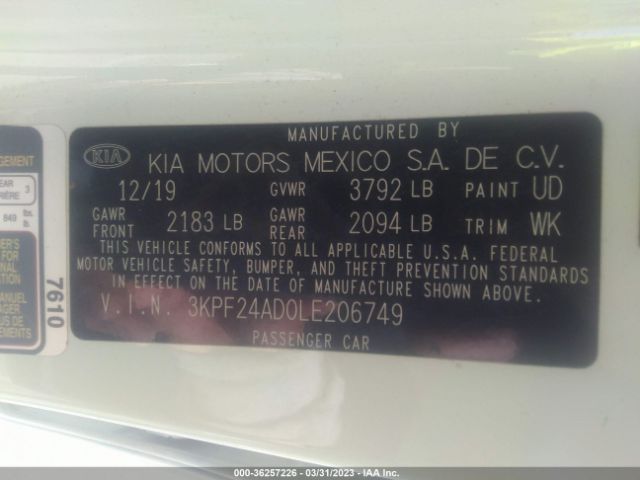 3KPF24AD0LE206749 KIA Forte Lxs