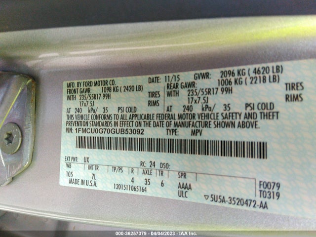 Ford ESCAPE SE 2016 1FMCU0G70GUB53092 Image 10