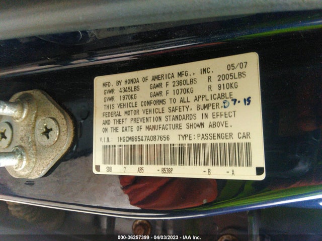2007 HONDA ACCORD SDN EX-L VIN: 1HGCM66547A087656