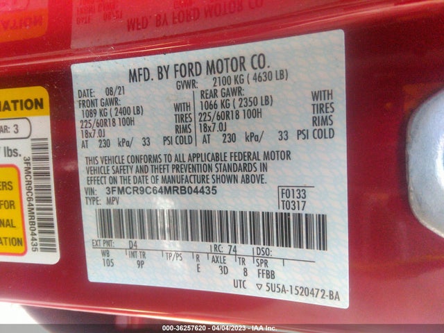 2021 FORD BRONCO SPORT OUTER BANKS VIN: 3FMCR9C64MRB04435