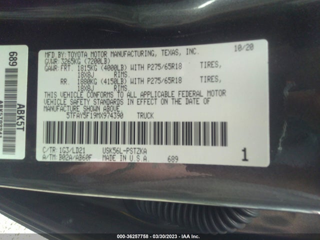 2021 Toyota Tundra, VIN: 5TFAY5F19MX974390