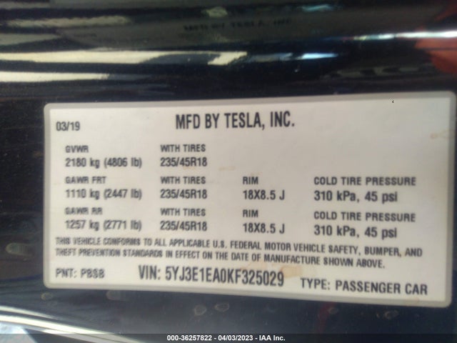 Tesla Model 3 Range 2019 5YJ3E1EA0KF325029 Image 10