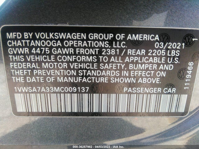 2021 Volkswagen Passat, VIN: 1VWSA7A33MC009137