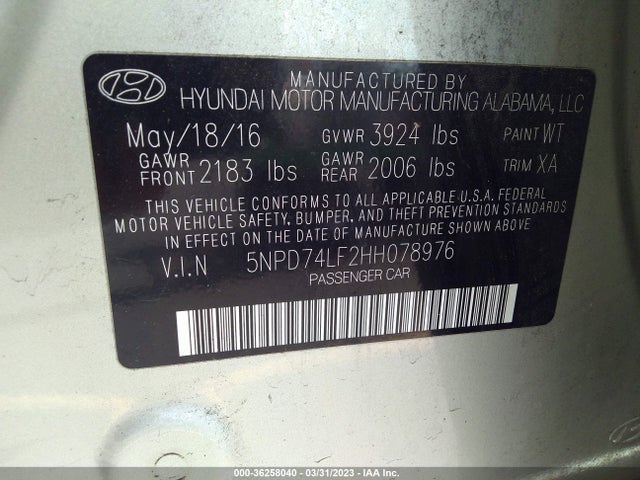 Hyundai ELANTRA SE 2017 5NPD74LF2HH078976 Image 10