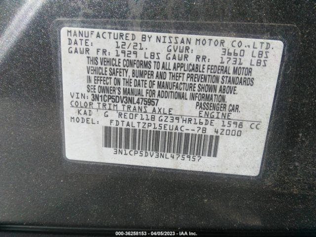 3N1CP5DV3NL475957 Nissan KICKS SR