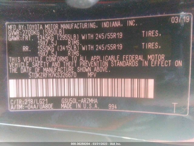 Toyota Highlander Se/xle 2019 5TDKZRFH7KS326670 Image 10