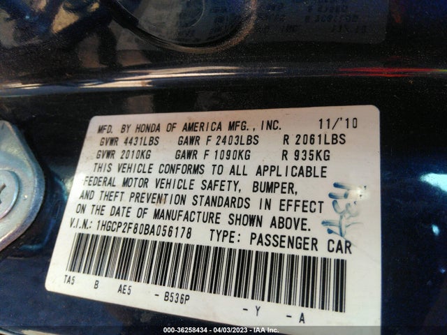 2011 HONDA ACCORD SDN EX-L VIN: 1HGCP2F80BA056178