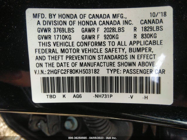 2019 HONDA CIVIC SEDAN SPORT VIN: 2HGFC2F80KH503182