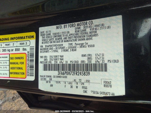 Ford FUSION SE 2015 3FA6P0H72FR245839 Image 10