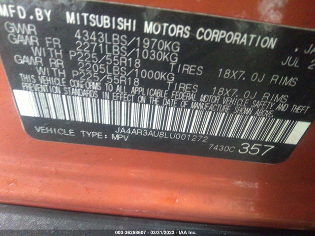 JA4AR3AU8LU001272 Mitsubishi Outlander Sport Es 2.0/se 2.0