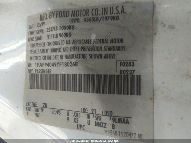 2000 FORD MUSTANG VIN: 1FAFP4049YF180268