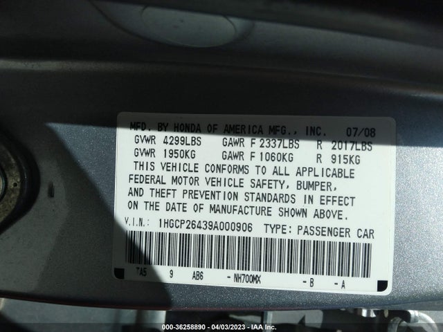 2009 HONDA ACCORD SDN LX-P VIN: 1HGCP26439A000906
