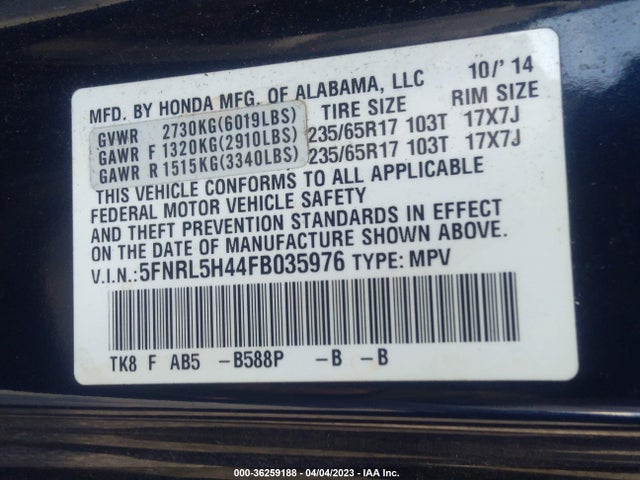 Honda ODYSSEY EX 2015 5FNRL5H44FB035976 Image 11