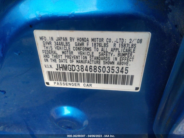 2008 HONDA FIT VIN: JHMGD38468S035345