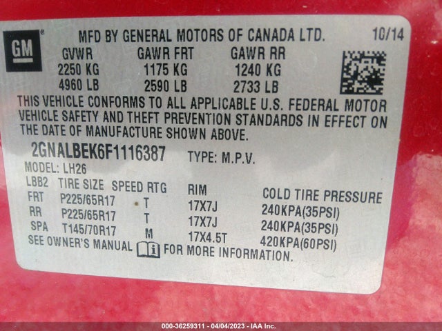 Chevrolet EQUINOX LT 2015 2GNALBEK6F1116387 Image 10
