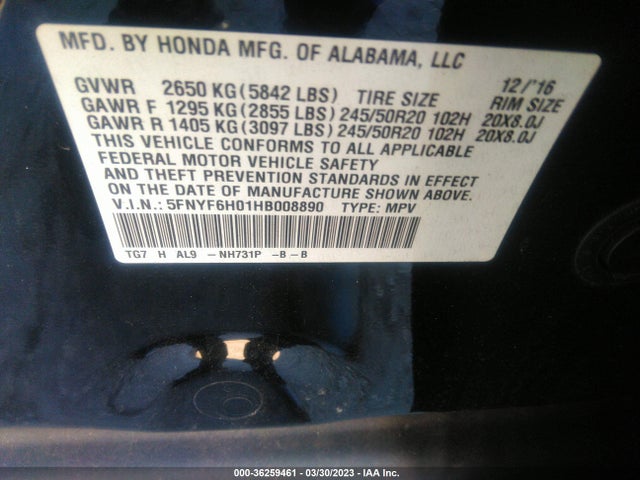 Honda Pilot Elite 2017 5FNYF6H01HB008890 Image 10