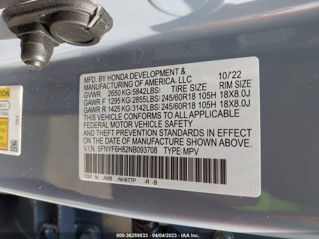 2022 Honda Pilot, VIN: 5FNYF6H82NB093708