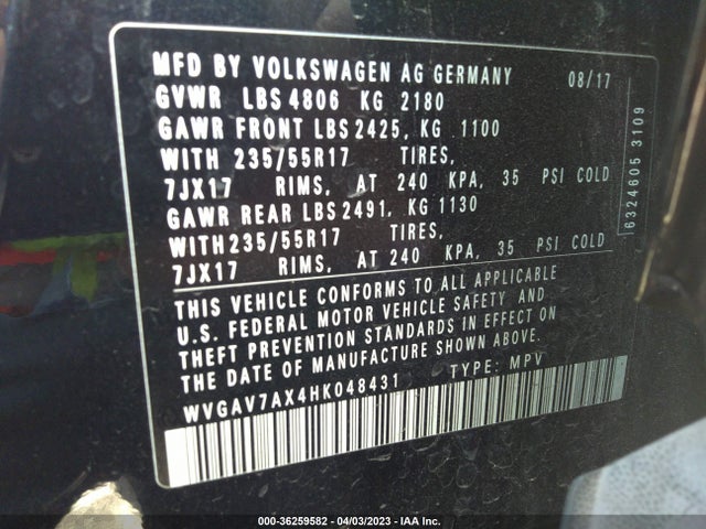 2017 VOLKSWAGEN TIGUAN VIN: WVGAV7AX4HK048431