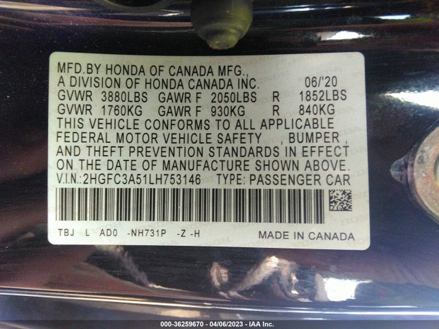 2020 HONDA CIVIC SI COUPE VIN: 2HGFC3A51LH753146