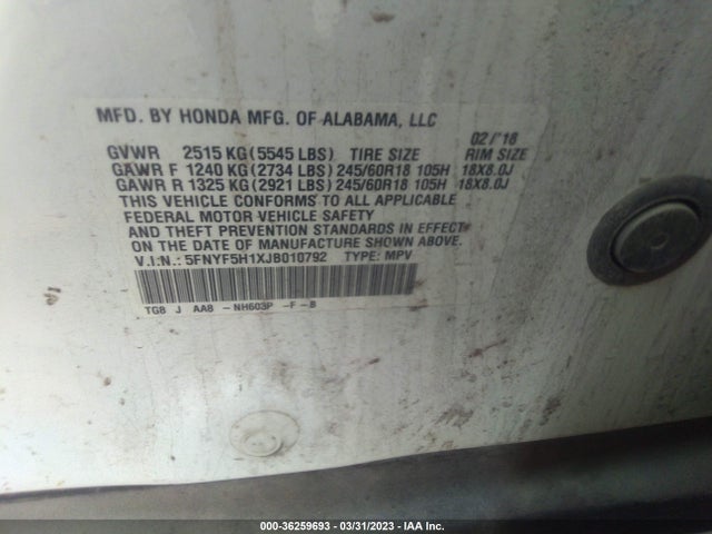 Honda PILOT LX 2018 5FNYF5H1XJB010792 Image 9