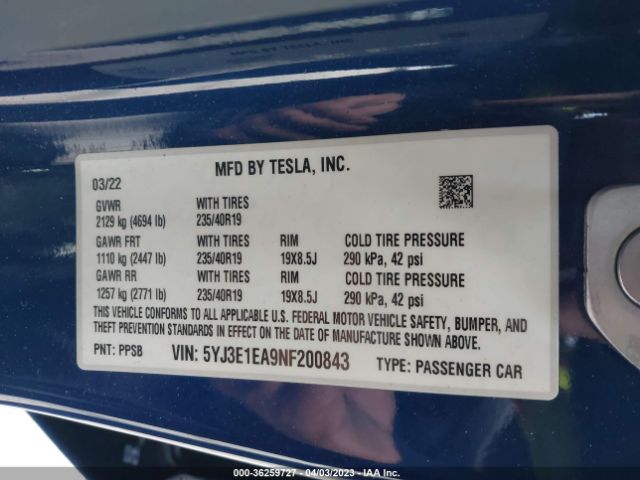 5YJ3E1EA9NF200843 Tesla MODEL 3