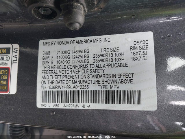 Honda Cr-v Ex-l 2020 5J6RW1H89LA012355 Image 9