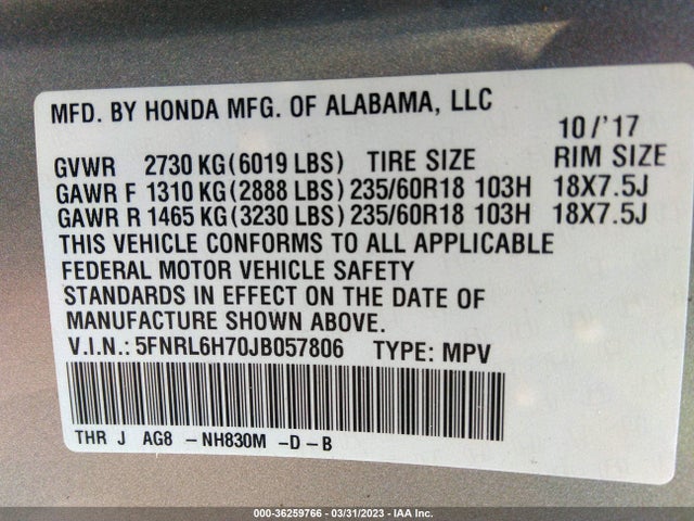 Honda Odyssey Ex-l 2018 5FNRL6H70JB057806 Image 9