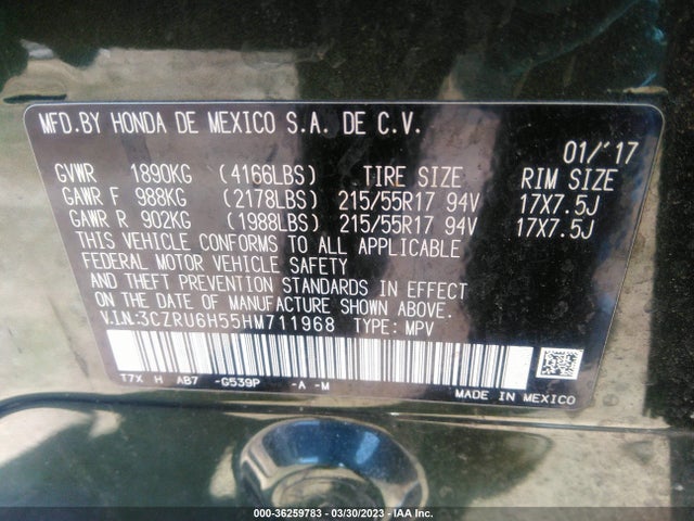 2017 HONDA HR-V EX VIN: 3CZRU6H55HM711968