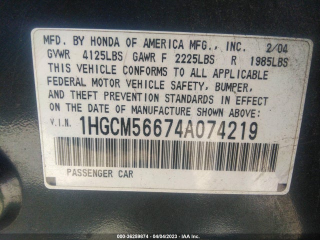 2004 HONDA ACCORD SDN EX VIN: 1HGCM56674A074219