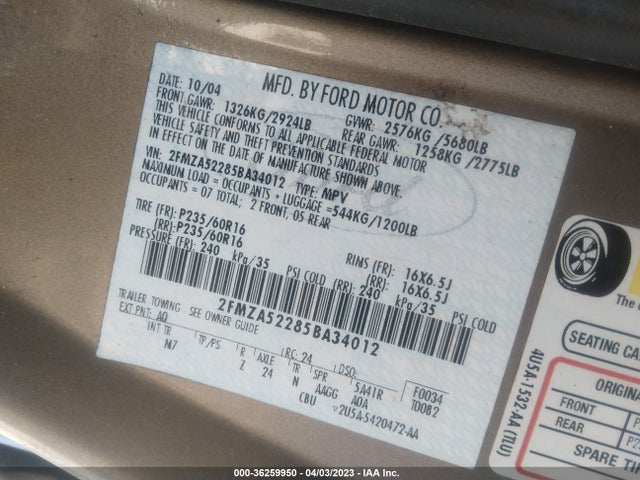 2005 FORD FREESTAR WAGON SEL VIN: 2FMZA52285BA34012