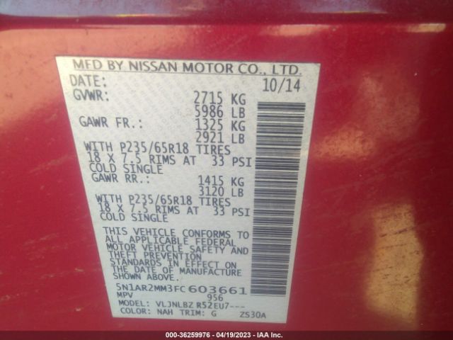 5N1AR2MM3FC603661 Nissan Pathfinder S